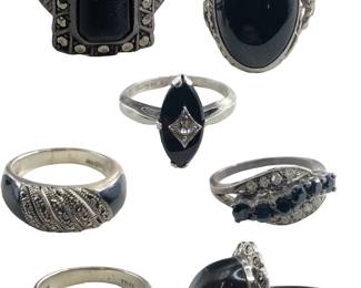 Collection (7) Sterling Silver, Marcasite, Onyx Rings 