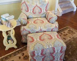 Paisley print upholstered chair & matching ottoman; accent table