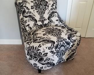 Black & white toile print upholstered chair by Thomas Alexander. Made in Hickory, NC