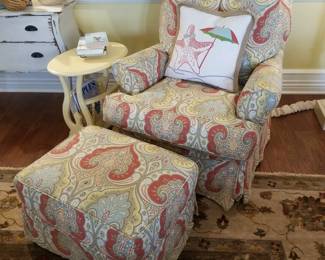Paisley print upholstered chair & matching ottoman; accent table