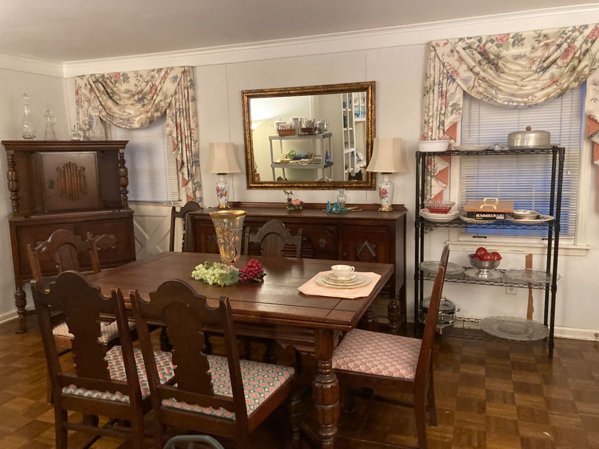 Dining table and chairs , cupboard , buffet , mirror  