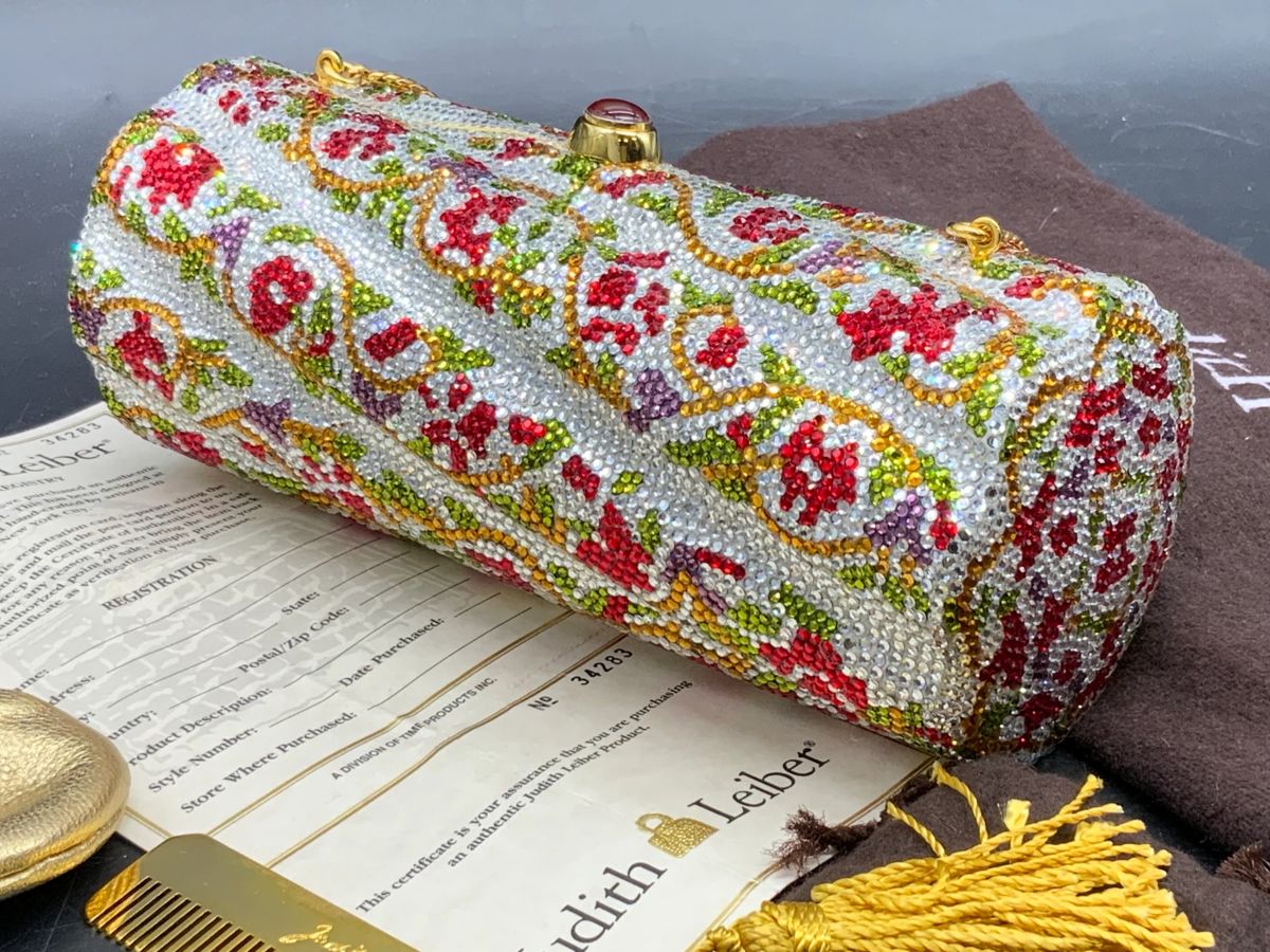 JUDITH LEIBER Floral Crystal Minaudiere W/ Dust Bg