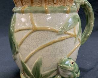 Signed Frog Majolica Style Porcelain Pitcher
