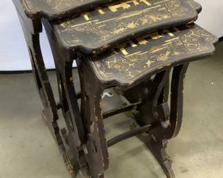 Set 3 Atq Lacquered Asian Chinoiserie Nesting Tbls
