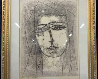 Signed Cubist Style Female Head Lithograph

