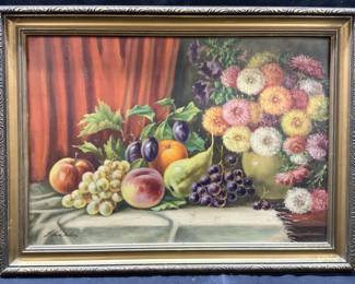 Signed Fruit & Floral Still Life Oil On Board
