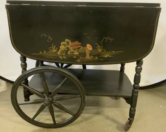 Atq Asian Chinoiserie Drop Leaf Lacquered Tea Cart
