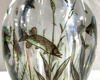 Edward Hald Orrefors Fish Graal Vase, Sweden Sgn
