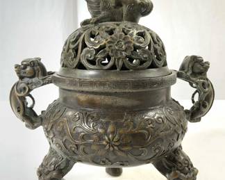 Signed Bronze Asian Incense Burner W Lid
