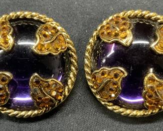 Vintage Gold Tn Purple & Orange Crystal Earrings

