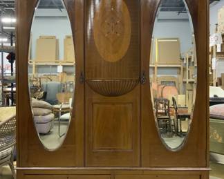 Vntg Wooden Victorian Marquetry Wardrobe W Mirrors
