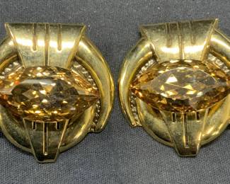 Vintage Gold Tone Sculptural Crystal Earrings
