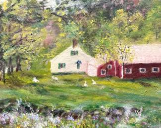 Vntg Cottage Landscape Oil Painting On Board
