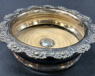 Vntg Sterling Silver & Wooden Bottle Coaster
