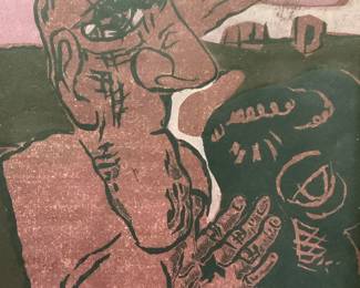 Signed Das Dorf II Surrealist Lino Cut, 1971
