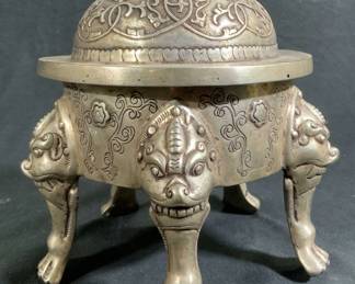 Vntg Asian Silvered Brass Lidded Incense Burner
