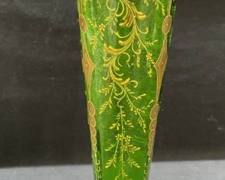 Vtg Gilt Emerald Art Glass Vase 15+in

