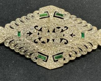 Silver Tone Green Crystal Statement Brooch 3.5in
