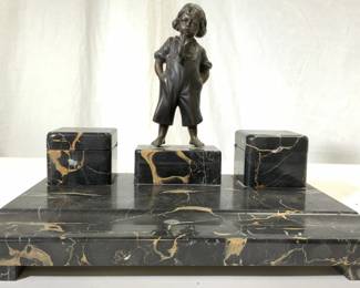 Vintage Marble Inkwell W Bronze Male Figure
