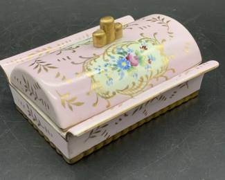 ANDREA Hand Painted Pink Ceramic Trinket Dish, Lid
