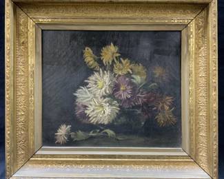 Signed Vintage Dalia Bouquet Oil Painting
