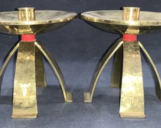 2 MCM 1964 Swiss Hammered Brass Cross CandleSticks
