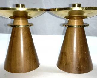 Pr MCM Walnut & Brass Candlesticks, Swiss 1960
