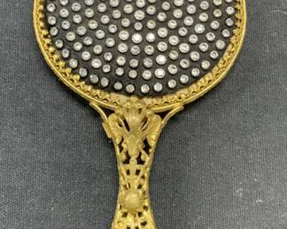 Vintage Gold Tn Crystal Vanity Hand Mirror
