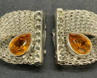 Signed MF Silver Tone Chain Crystal Earrings
