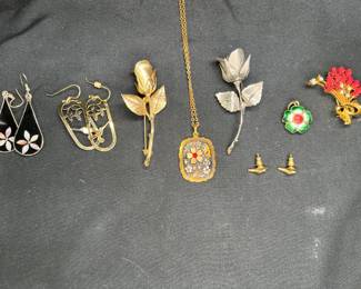 3 Rose Brooches, Floral Necklace, & 5 prs Earrings
