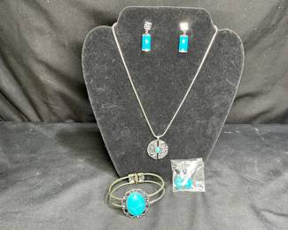 Turquoise Necklace, Cuff Bracelet, & 2 Pr Earring