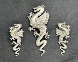 Vintage JJ Jonette Pewter Dragon Brooch & Earrings
