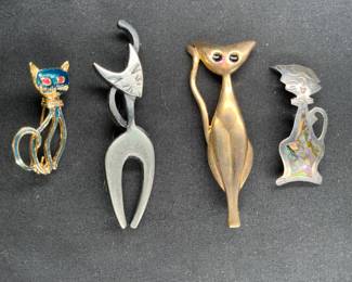 4 Vintage Stylized Cat Brooches