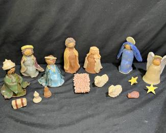 16 Pc. Clay Nativity Set Signed C Clifton