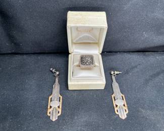 Art Deco Dangle Earrings & Faceted Hematite Ring