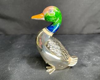 Silvertone Enameled Metal Mallard Duck Statue