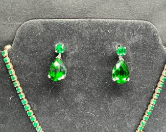 VTG Green Rhinestone Choker and 3 pairs Earrings