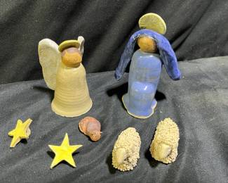 14 Pc. Clay Nativity Set Signed C Clifton