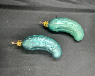 2 Hand Blown Glass Christmas Pickle Ornaments