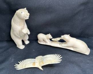 2 Polar Bears and 1 Eagle in Flight Bone Carvings