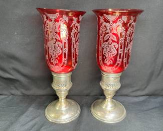 Pair of Sterling Candlesticks & Hurricane Chimneys