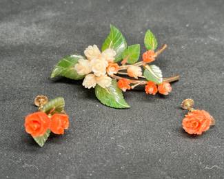 14KT Pink/White Rose Brooch & Earrings