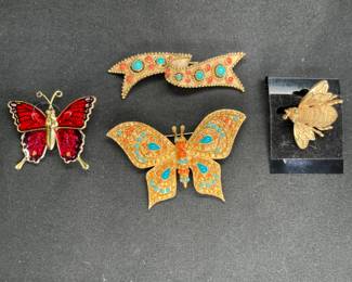 2 Butterflies, Trifari Ribbon & Avon Bee Brooches