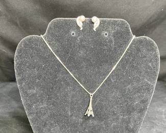 Sterling Eiffel Tower Necklace & Pearl Earrings