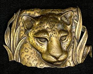 VTG JJ Jonette Shiny Gold Tone Leopard Face Brooch
