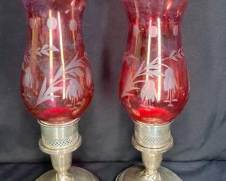 Pair of Sterling Candlesticks & Hurricane Chimneys