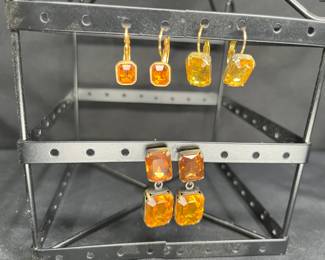 3 Vintage Pairs of Amber Rhinestone Earrings