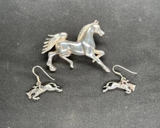 Equestrian Pendant Brooch & Sterling Earrings