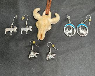VTG Skull Pendant & 3 Pairs of Earrings