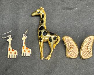 Vintage Giraffe Pin and 2 Pairs Giraffe Earrings